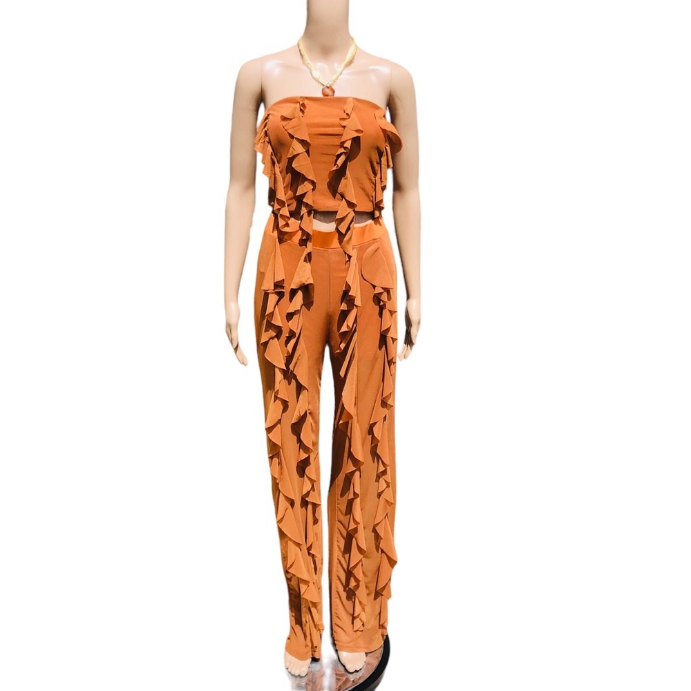 HALFHEART Chameleon Mesh Co-ord Set Medium M Strapless Tube Top Frill Flare Pant